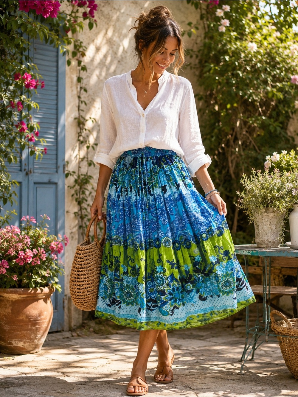 Take Two Petite M Blue Green Paisley Cotton Boho Midi Skirt Lined